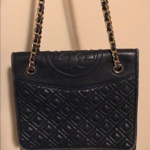 Tory Burch Blue Leather Fleming Quilted Crossbody